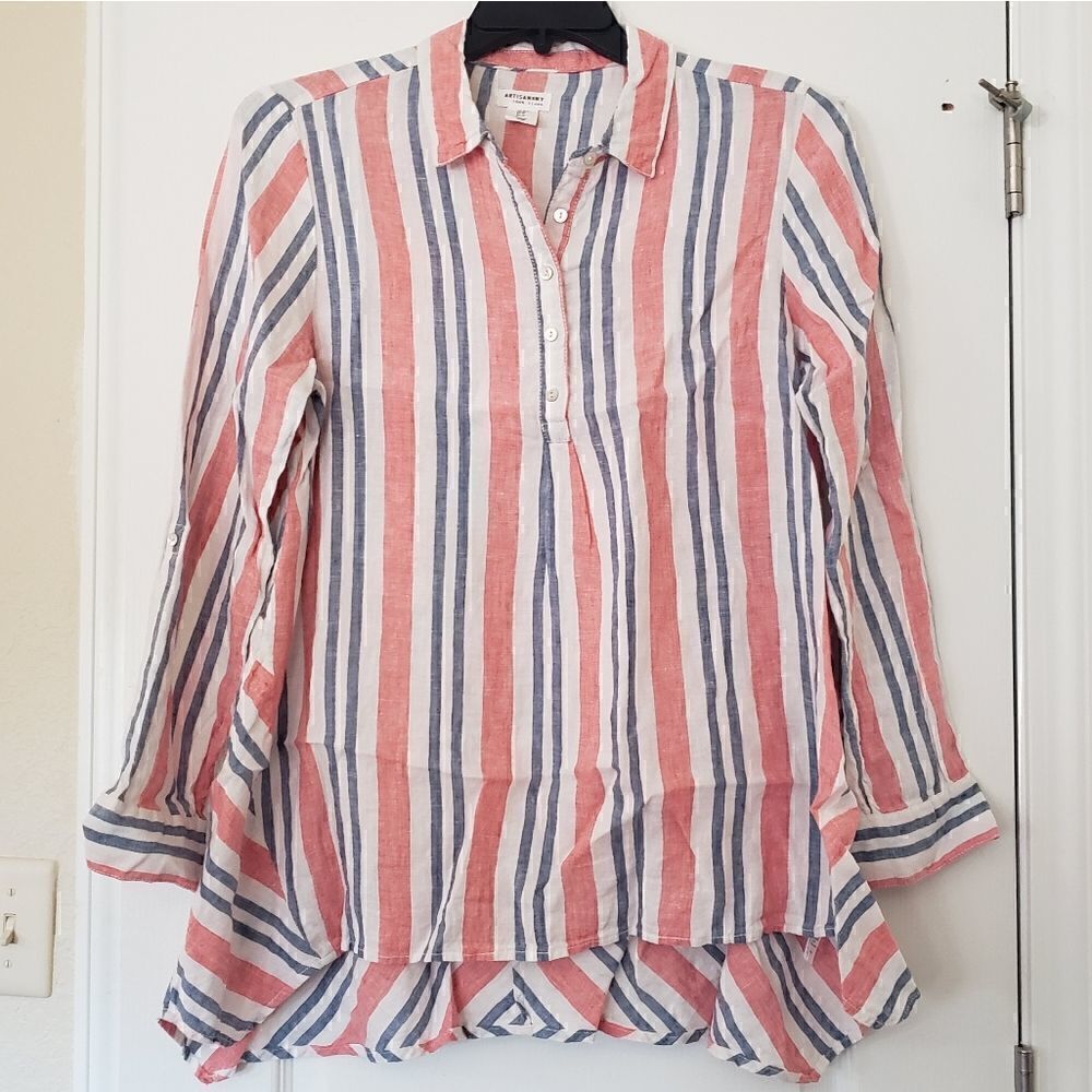 Artisan NY striped linen half button up blouse M